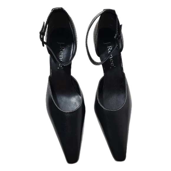 J. Renee Black White Stitching Ankle Strap Pumps Women's Size US 9 M Witch Toe - Picture 2 of 8